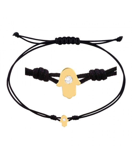 Βραχιόλι Χέρι Χάμζα με Διαμάντι από Χρυσό Κ14 με Μαύρο Κορδόνι