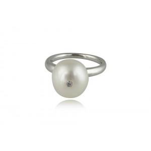 Ring with Pearl and Diamond in 925° Rhodium-plated Sterling Silver