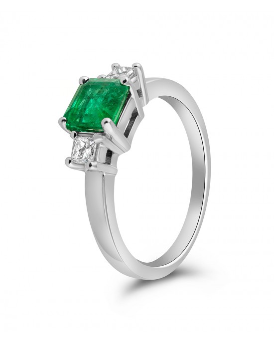 Engagement ring with Zambia emerald and princess diamonds in 18k white gold