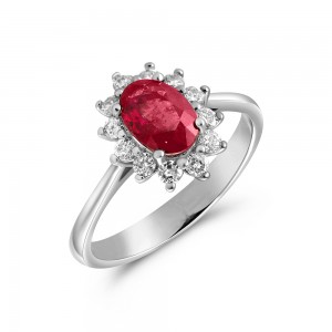 Ruby cluster ring with diamonds in 18k white gold