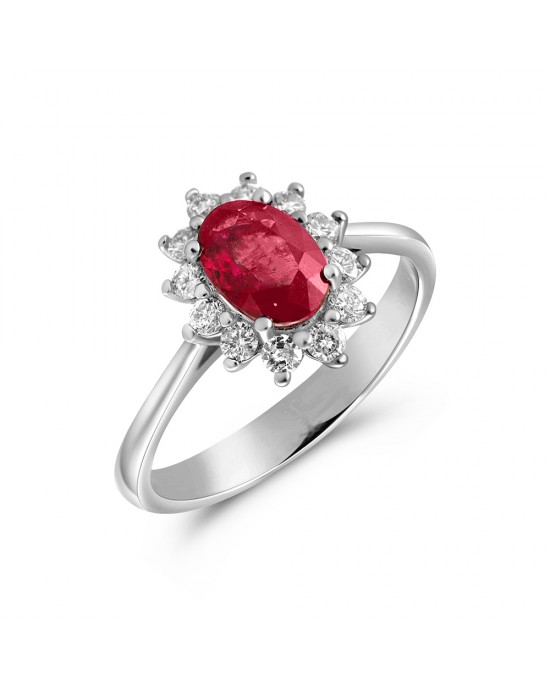 Ruby cluster ring with diamonds in 18k white gold