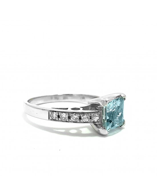 Aquamarine ring with diamond band in 18k white gold
