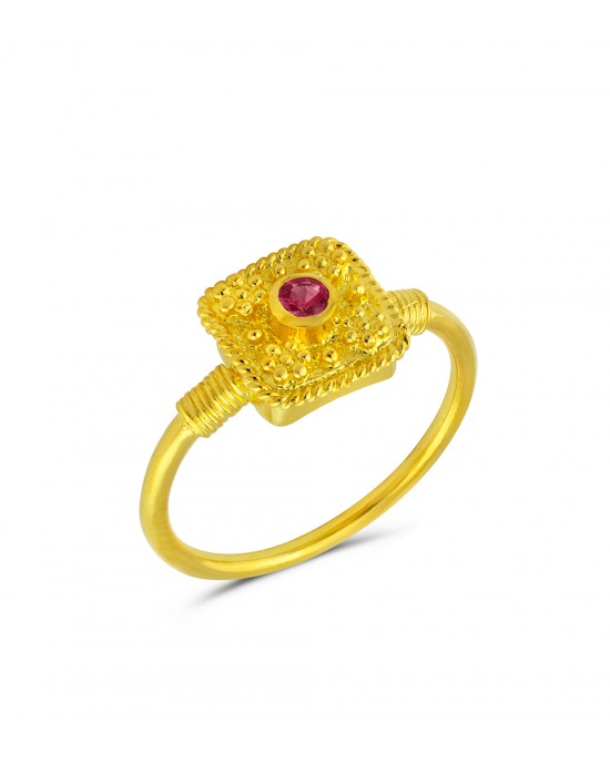 Βυζαντινό δαχτυλίδι τετράγωνο με ρουμπίνι από χρυσό Κ18