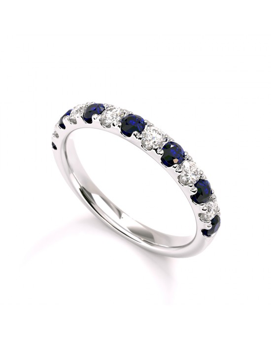 Half-eternity ring with diamonds and sapphires in 18k white gold 