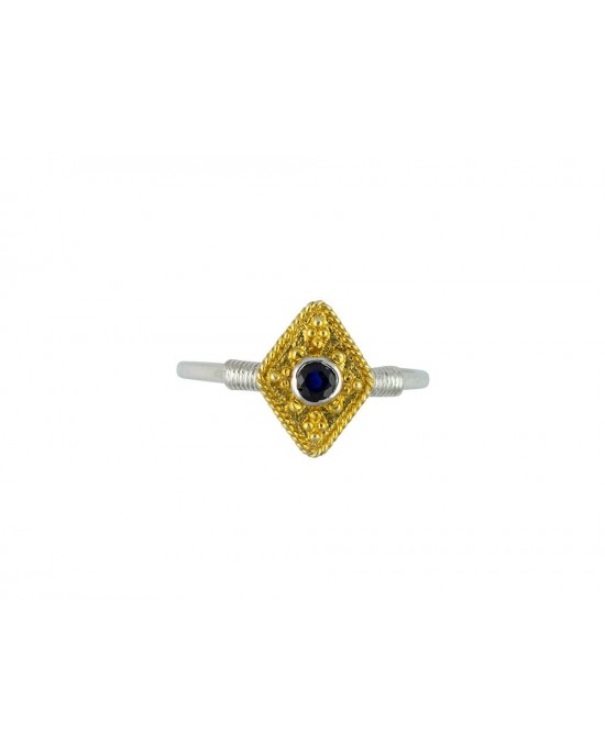 Βυζαντινό δαχτυλίδι με ζαφείρι από επιροδιωμένο & επιχρυσωμένο ασήμι 925°