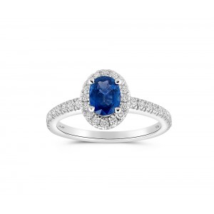 Cluster ring with Ceylon sapphire and diamonds in 18k white gold