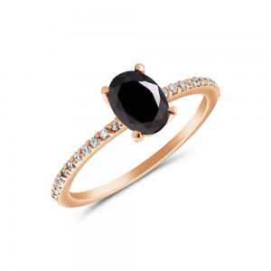 Δαχτυλίδι με μαύρο οβάλ διαμάντι και διαμάντια στο πλάι από ροζ χρυσό Κ18