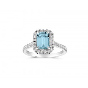 Halo cluster ring with aquamarine and diamonds in 18k white gold