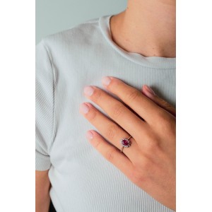 Ruby cluster ring with diamonds in 18k white gold