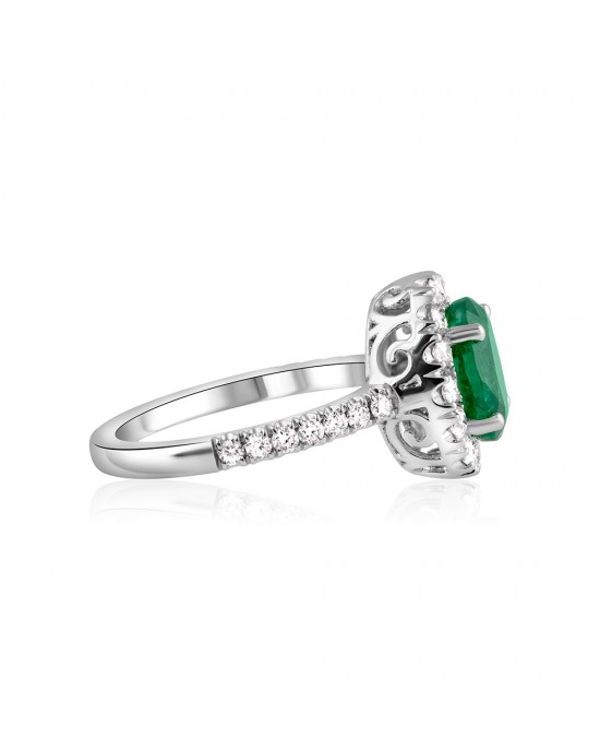 Emerald cluster ring with diamonds in 18k white gold