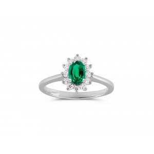 Cluster ring with emerald and diamonds in 18k white gold
