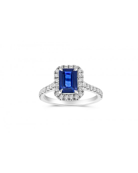 Δαχτυλίδι Halo με μπλε ζαφείρι και διαμάντια από λευκόχρυσο Κ18