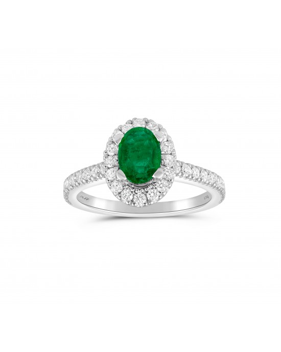 Cluster ring with emerald and diamonds in 18k white gold