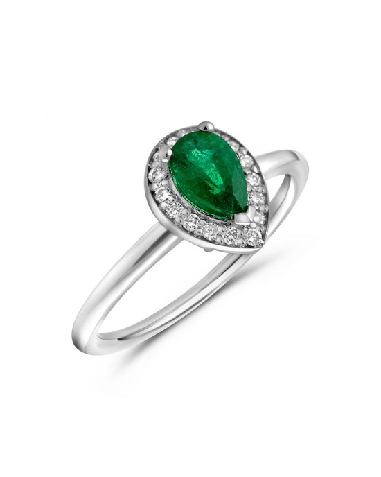 Cluster ring with pear shaped emerald and diamond in 18K white gold