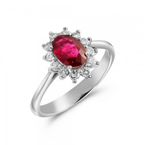 Δαχτυλίδι ροζέτα με ρουμπίνι και διαμάντια από λευκόχρυσο Κ18