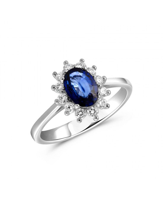 Cluster ring with sapphire and diamonds in 18k white gold