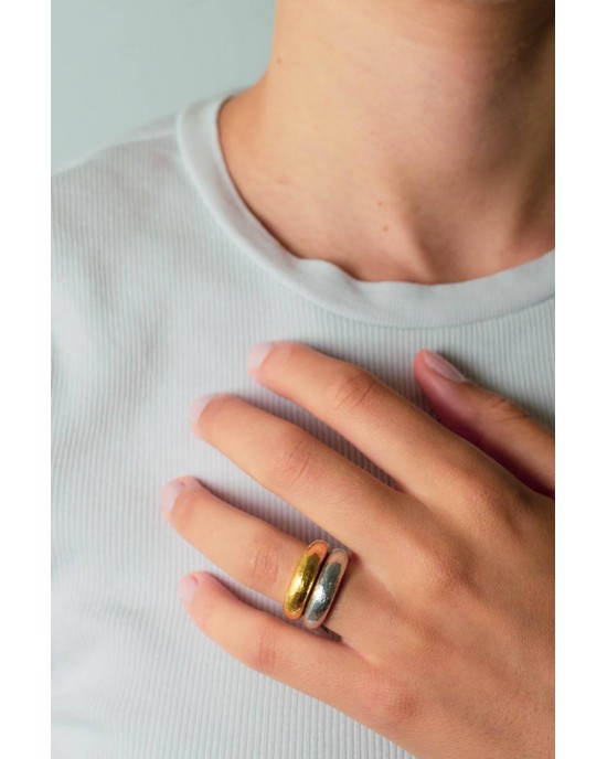 Σφυρήλατο δίχρωμο διπλό δαχτυλίδι από χρυσό Κ18 και ασήμι 925°