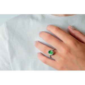 Emerald cluster ring with diamonds in 18k white gold
