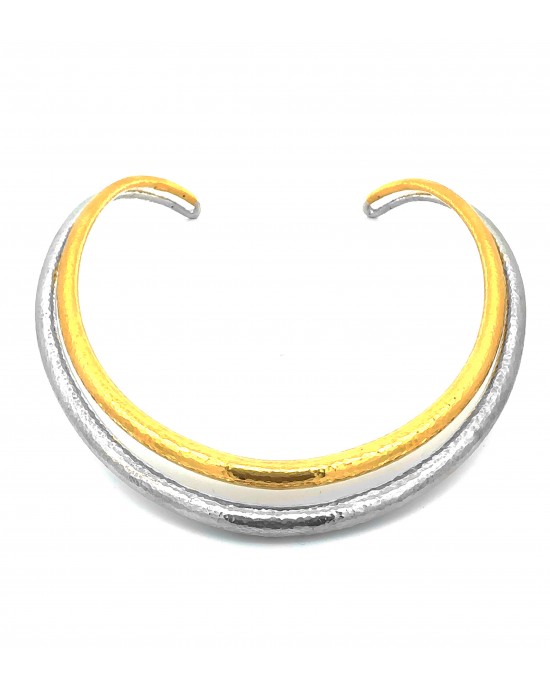 Hand-hammered necklace in 22k gold and 925° rhodium plated sterling silver 