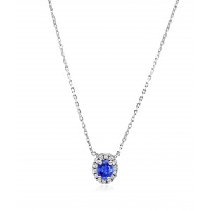 Cluster necklace with Ceylon sapphire and diamonds in 18k white gold 