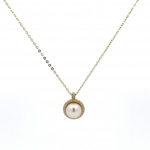 Necklace with pearl and CZ in 14K gold