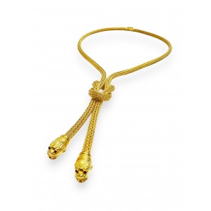 Hercules knot hand-woven sautoir necklace with lion heads in 18k gold embellished with rubies Hercules knot hand-woven sautoir necklace with lion heads in 18k gold embellished with rubies