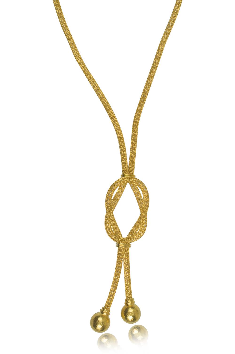 Hercules knot hand-woven sautoir necklace with lion heads in 18k gold  embellished with diamonds and sapphires - LALAoUNIS®