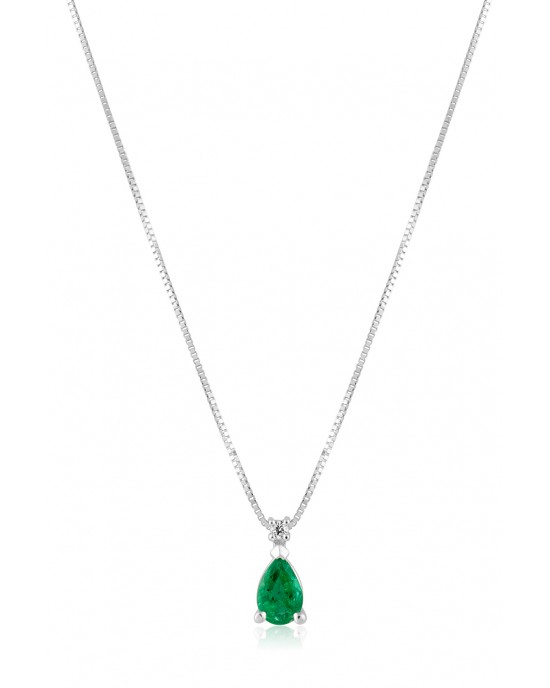 Drop necklace with emerald and diamond in 18k white gold 
