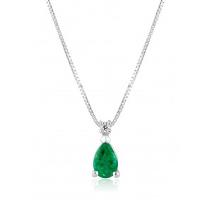 Drop necklace with emerald and diamond in 18k white gold 