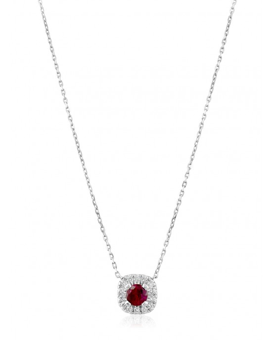 Ruby halo necklace 0.31ct with diamonds in 18k white gold 