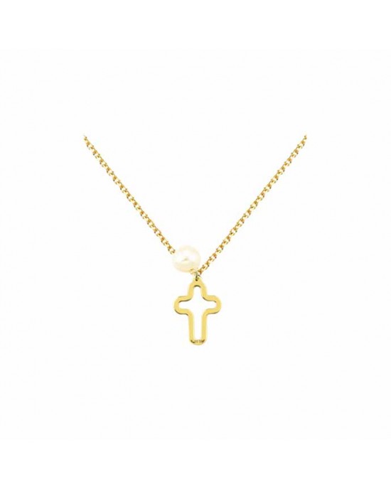 Κολιέ σταυρός με μαργαριτάρι στην αλυσίδα από χρυσό Κ14 Ekan