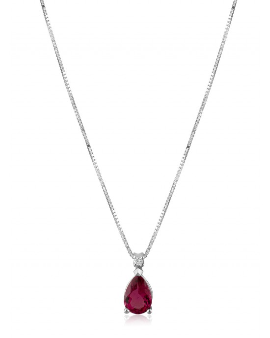 Necklace with rubelite tourmaline and diamond 0,72ct in 18k white gold 