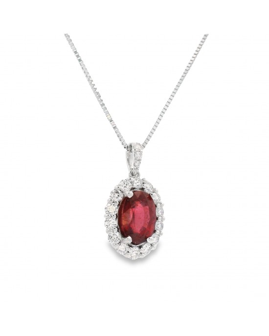 Cluster pendant with ruby and diamonds in 18k white gold