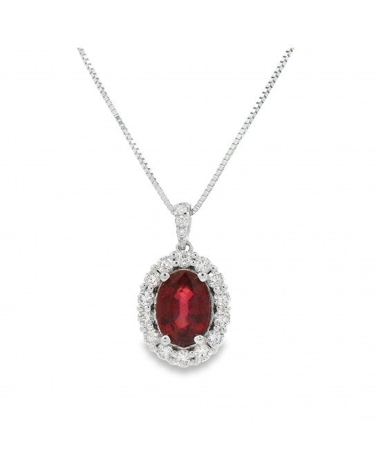 Cluster pendant with ruby and diamonds in 18k white gold