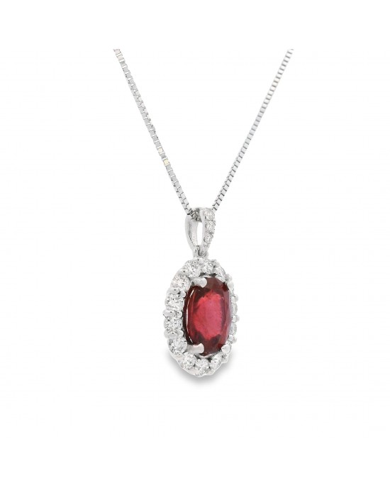 Cluster pendant with ruby and diamonds in 18k white gold