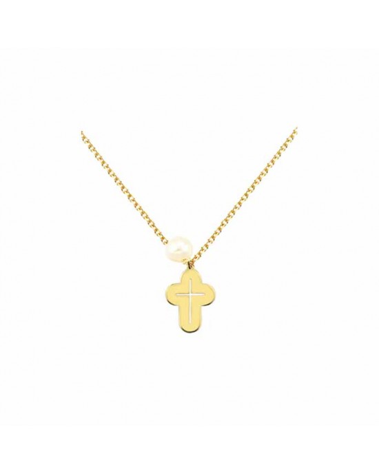 Κολιέ σταυρός με μαργαριτάρι, χρυσό Κ14 Ekan