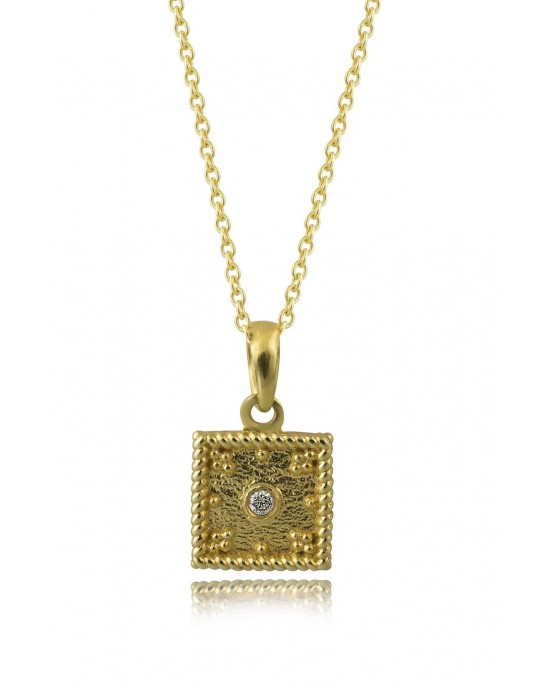 Βυζαντινό μενταγιόν σε τετράγωνο σχεδιασμό από Χρυσό Κ18 με διαμάντι και αλυσίδα