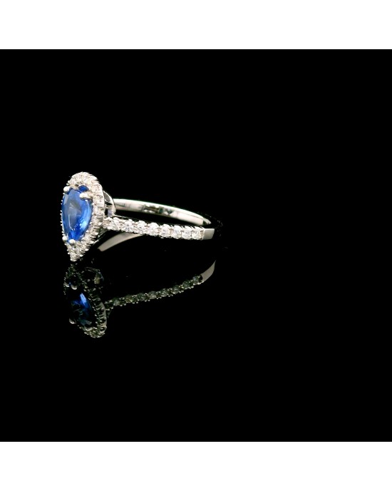 Δαχτυλίδι halo από λευκό χρυσό Κ18 με ζαφείρι 0.81ct και διαμάντια Μονόπετρο δαχτυλίδι halo με ζαφείρι pear 0.81ct από λευκό χρυσό Κ18