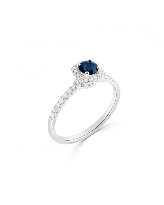 Halo cluster ring with blue sapphire and diamonds in 18K white gold
