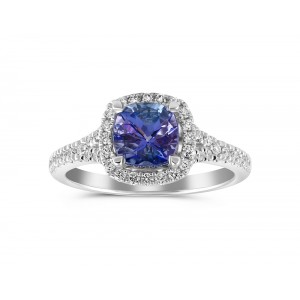 Halo cluster ring with tanzanite and diamonds in 18k white gold