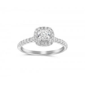 Μονόπετρο δαχτυλίδι halo λευκόχρυσο Κ18 με κεντρικό διαμάντι cushion 0.51ct πιστοποιημένο από το GIA