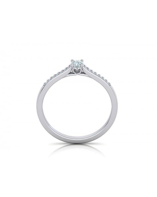 Solitaire engagement ring with diamond and side stones in 18k white gold