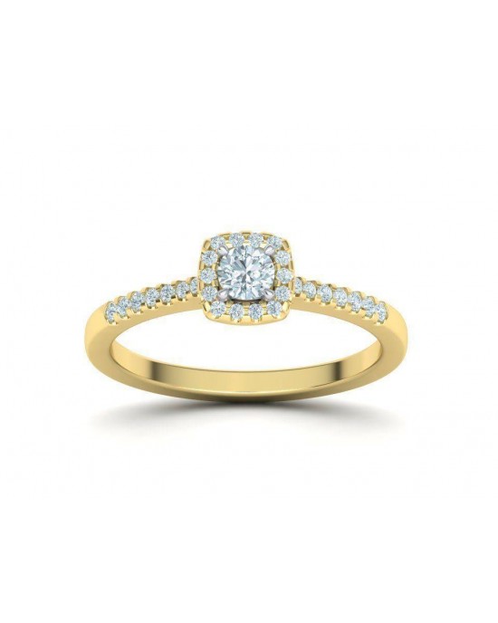 Halo engagement ring in 18k gold 0.13ct diamond and 0.12ct side stones