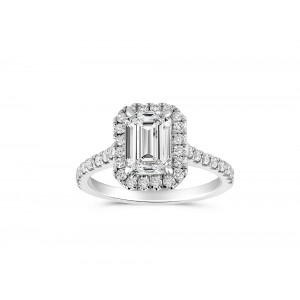 Μονόπετρο δαχτυλίδι halo λευκόχρυσο Κ18 με κεντρικό διαμάντι emerald cut 0.80ct πιστοποιημένο από το GIA