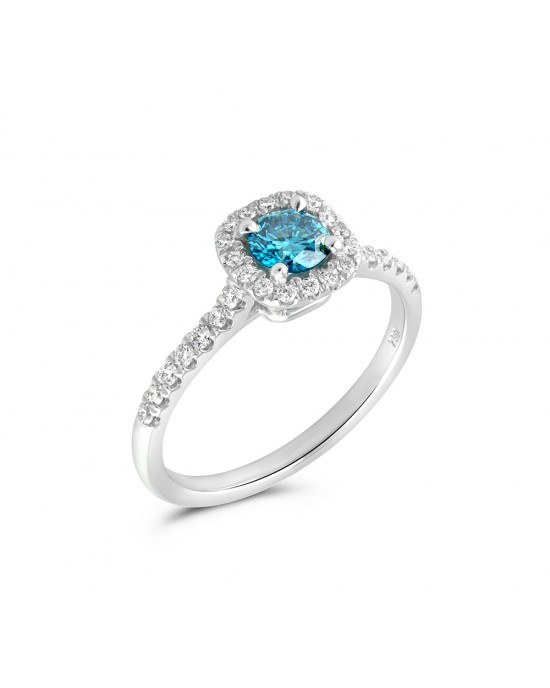 Halo Engagement Ring with 0.49ct ocean blue diamond in 18k white gold