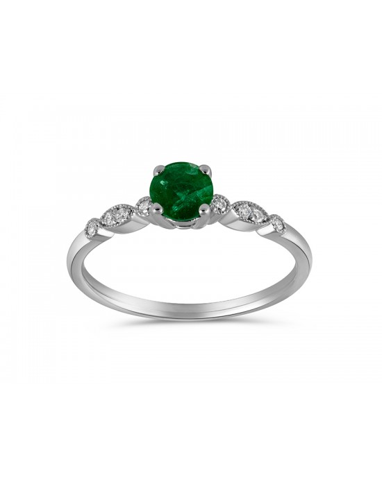 Vintage emerald engagement ring with diamonds in 18k white gold 
