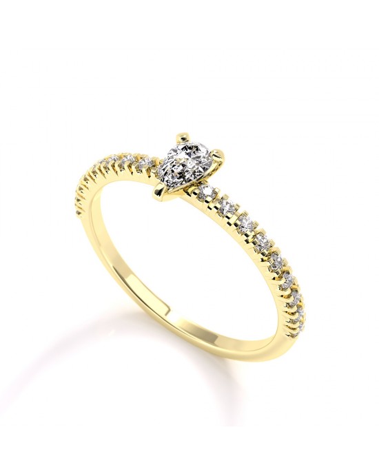 Μονόπετρο δαχτυλίδι με διαμάντι pear 0.16ct και πέτρες στο πλάι από κίτρινο χρυσό Κ18