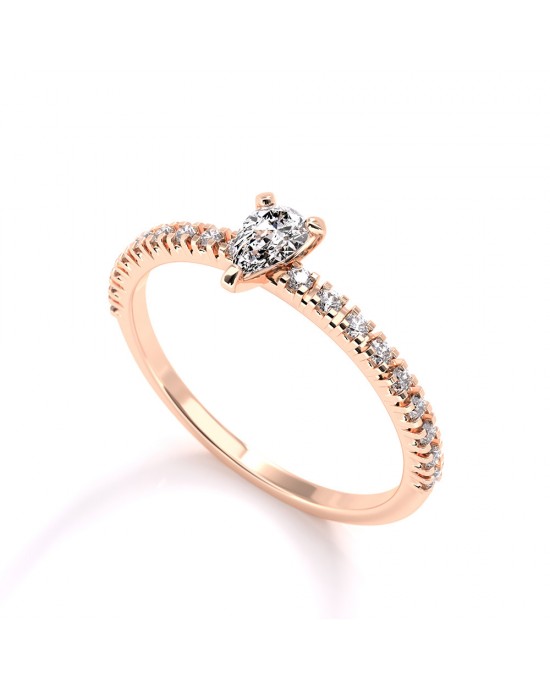 Solitaire engagement ring with 0.16ct pear brilliant cut diamond with side stones in 18k rose gold