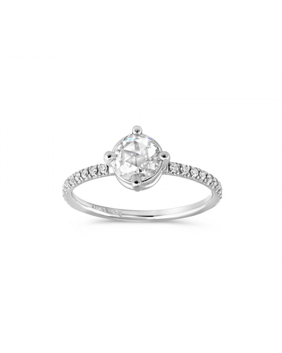 Rose cut diamond engagement ring  with side stones in 18k white gold