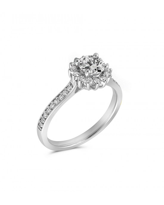Halo cluster engagement ring with 0.31ct GIA certified diamond and side stones in 18k white gold